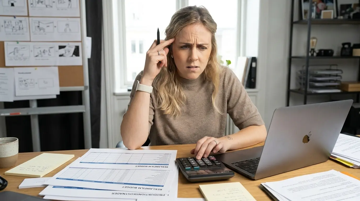 Marknadsförare planerar budget för reklamfilm vid skrivbord med kalkylator och produktionsbudget